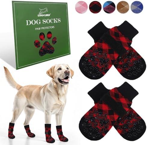 EXPAWLORER Dog Socks to Prevent Licking Paws, Dog Shoes for Hot Pavement, Anti Slip Dog Booties for Hardwood Floors, Dog Boots & Paw Protectors for Small Medium Large Senior Dogs, Red Black, M