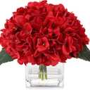 Silk Red Hydrangea Artificial Flowers in Vase with Faux Water, Faux Floral Arrangements in Vase for Home Decor, Wedding Table (Red)