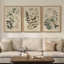Framed Vintage Botanical Wall Art for Living Room, 3 Piece Neutral Floral Canvas Artwork for Modern Farmhouse Walls, Rustic Green Flower Painting Prints for Bedroom Office Kitchen Wall Decor, 20x30