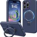 Compatible with iPhone 15 Pro Case Stand, Full Camera Protection Slim Liquid Silicone Phone Cases Fit for iPhone 15 Pro Compatible with MagSafe Magnetic Ring Kickstand Case 6.1", Dark Blue