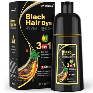 MEIDU Black Hair Dye Shampoo 3 in 1 for Gray Hair, Black Hair Dye for Women Men, Hair Color for Women Herbal Ingredients Natural (500ml,16.9oz) (Black)