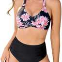 Uikue Women's Two Piece Swimsuits Full Coverage Bikini Set Tummy Control Bathing Suit Push Up V Neck Twist Front Swim Suits, S
