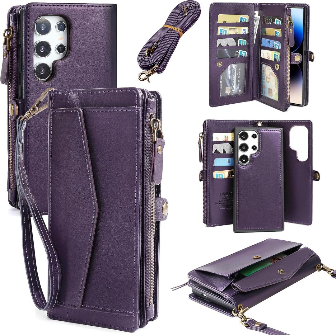 Wallet Case Phone Case for Samsung Galaxy S24 Ultra Purple | for Women, Wireless Charging, RFID Blocking, 12 Card Holder, Leather, Detachable, Magnetic Strap, for Galaxy S24 Ultra, 6.8"