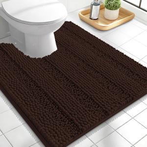 OLANLY Thick Toilet Rugs U-Shaped 24x20, Extra Soft Absorbent Chenille Striped Contour Bathroom Rugs for Toilet, Dry Quickly, Machine Washable, Non-Slip Bath Mat, Brown