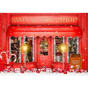 DePhoto 12X8FT Red Christmas Photo Backdrop Santa's Toy Shop Candy Cane in Snow World Xmas Family Holiday Party Banner Photography Background Supplies Decor Studio Prop