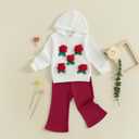 Toddler Girl Fall Outfits Flower Long Sleeve Sweatshirt Hoodies+Elastic Waist Flare Long Pants 2Pcs Clothes Set (White,3-4Y)