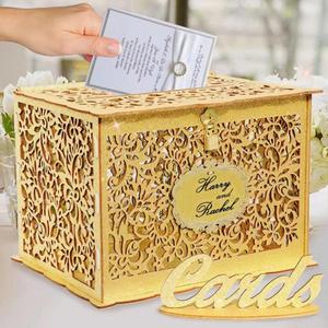 OurWarm Gold Wedding Card Box - Glittery Wooden Card Boxes with Lock, Gift Card Box Money Holder for Reception, Anniversary, Shower, Rustic Wedding Decorations, Birthday, Graduation