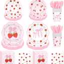 Strawberry Birthday Decorations Tableware,Pink Bow Strawberry Birthday Plate,Napkins,Cups,Fork,Knife, Strawberry Party Plates for Berry Birthday Decorations,Serves 24