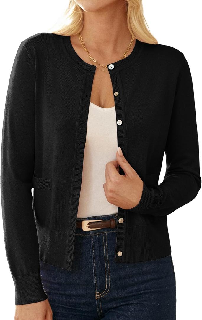GRACE KARIN Cardigan Sweaters for Women Fall Fashion Crew Neck Button up Cardigan Long Sleeve Lightweight Cardigans 2025 (XX-Large, Black)