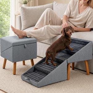 Luciphia 2-in-1 Wooden Pet Stairs & Ottoman 17" H Foldable Dog Ramp with Solid Wood Frame & Tech Cloth Surface Pet Footstool Steps with Non-Slip Surface for Puppy Senior Injured Dogs Couch Bed