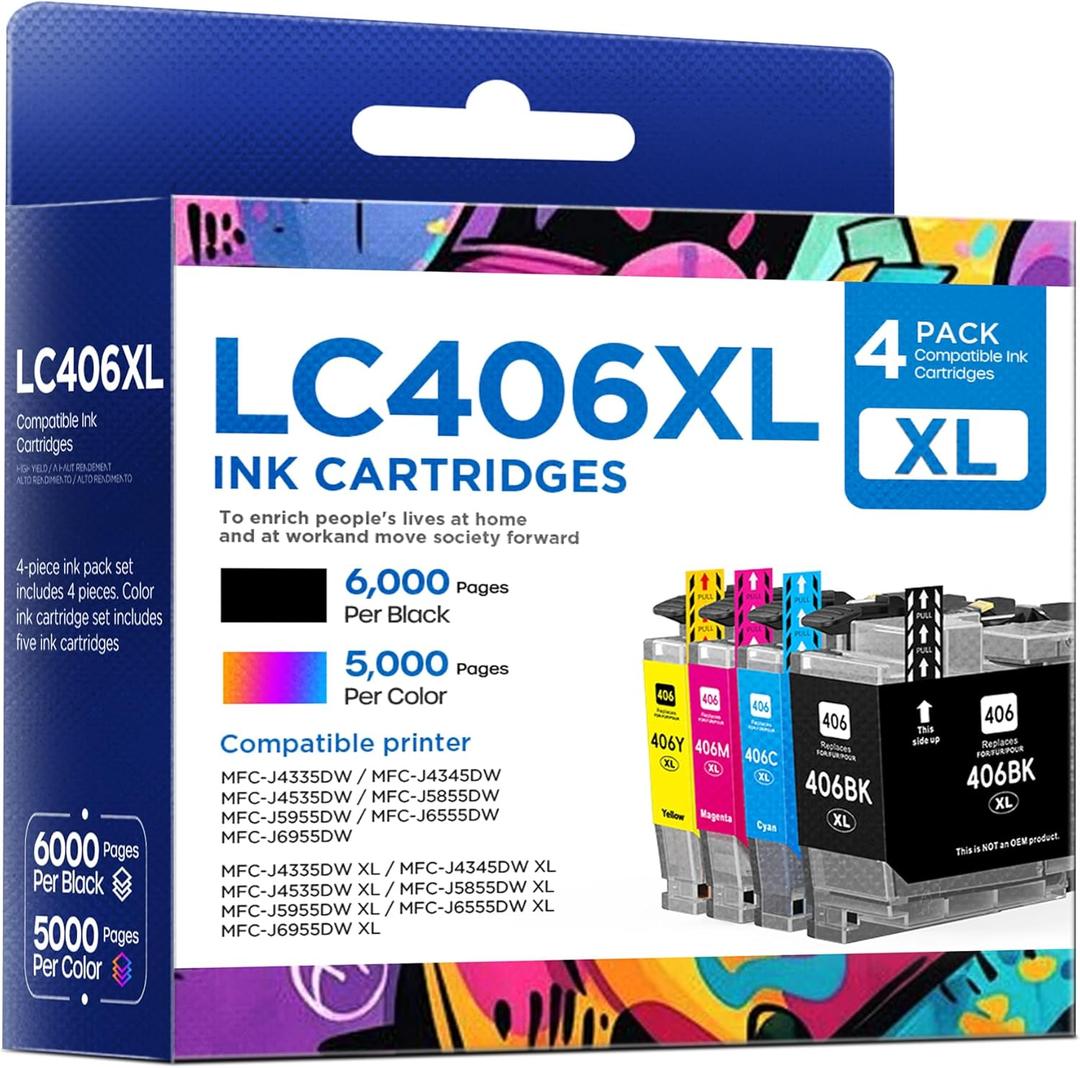 LC406XL Ink Cartridges High Yield Compatible for Brother LC406XL LC406 use with MFC-J4335DW MFC-J4535DW MFC-J5855DW MFC-J6555DW MFC-J6955DW Printer (Black, Cyan, Magenta, Yellow, 4 Pack)