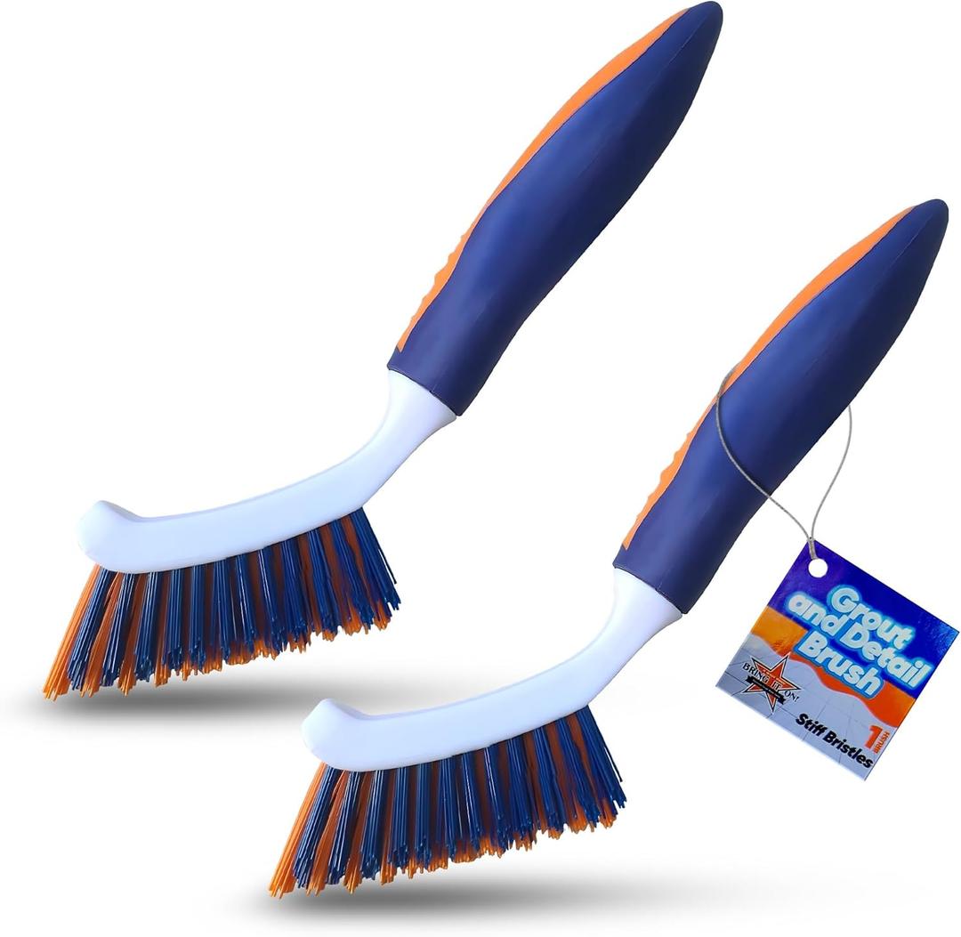 Bring It On Grout Cleaning Brush 2-Pack Crevice Cleaning Brush with Stiff Nylon Bristles, 8-Inch Heavy-Duty Scrub Brush for Tile, Grout, Shower, Bathroom, Kitchen, Corners & Tight Spaces