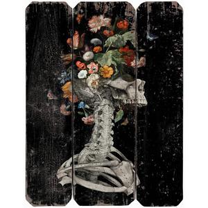 Flooreal Gothic Wall Art Home Decor Skeleton Picture Floral Sugar Skull Painting H16inch Black Dark Eclectic Wood Prints with Spooky Flower Aesthetic Vintage Style Artwork Plaque for House 1pc
