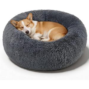 Dog Calming Beds for Small Medium Large Dogs - Round Donut Washable Puppy Dog Bed, Anti-Slip Faux Fur Fluffy Donut Cuddle Anxiety Cat Pet Bed(32" Dark Grey)