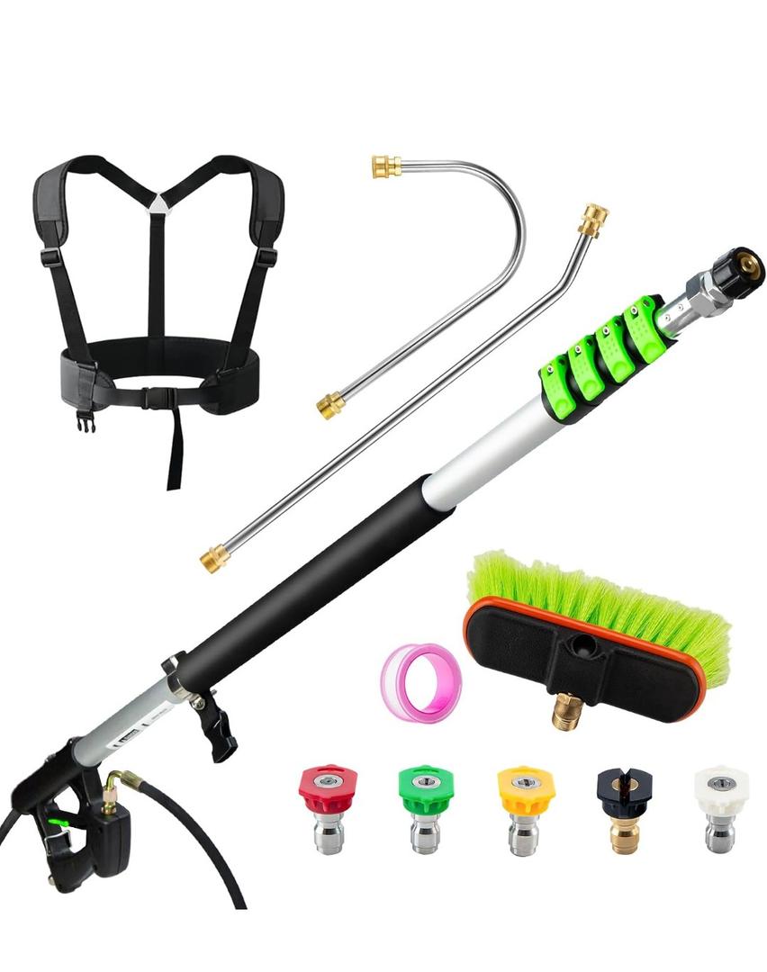 TOR 24 FT Telescoping Pressure Washer Wand with Pressure Washer Extension Wand,Gutter Cleaner Attachment, Pressure Washer Telescoping Wand with 5 Spray Nozzle Tips, 2 Hose Inlet Adapters, Brush Head