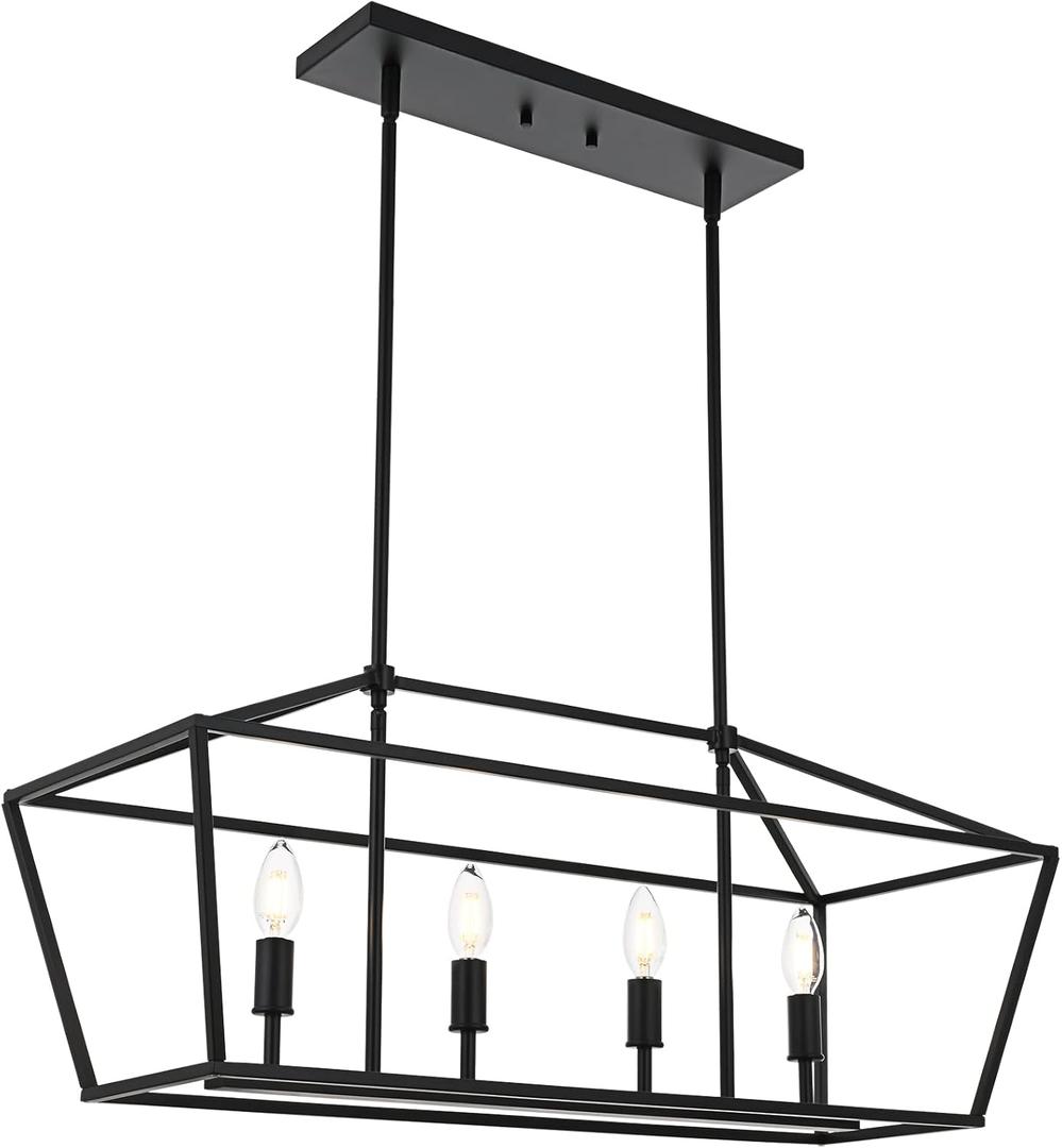 4-Lights Rustic Chandelier for Dining Room, 32-Inches Width Pendant Lighting for Kitchen Island in Black Finish