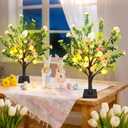 2 Pack 22" Lighted Easter Tree Decorations with 24 Pink Flowers & 24 Eggs, Battery Operated Tabletop Artificial Spring Tree with Timer, DIY Prelit Easter Decor for Home Indoor Centerpiece, Easter Tree, 2