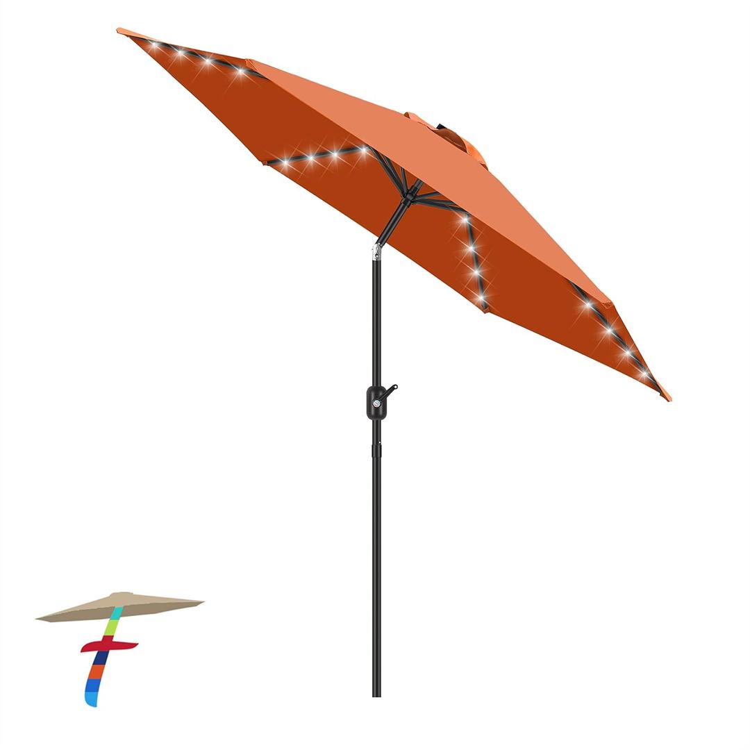 FRUITEAM 7.5' Solar 24 LED Lighted Umbrella-Solar Umbrella Lawn and Garden w/Easy Tilt Adjustment, Market Umbrella Adjustment and Crank Lift System for Patio (7 1/2FT, Coral Red)