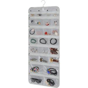 Freegrace Hanging Jewelry Organizer Revolving Hanger - Secure Zipper Closure - 25 Pockets,23 Hooks - Foldable Storage & Display Solution - For All Jewelry & Bijoux (Gray)