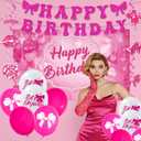 Roetyce Hot Pink Birthday Decorations for Girls, Pink Glitter Happy Birthday Banner Backdrop Balloons Hanging Swirls Cake Topper Kit, Women Kids Bday Photo Background