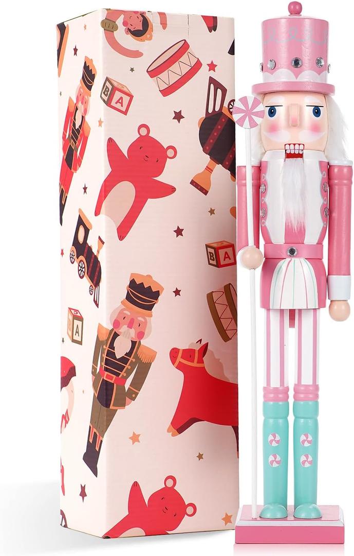 19" Christmas Decorations Nutcracker Ornaments,Traditional Wooden Nutcracker Figures Soldier,Festive Collectible Christmas Nutcracker Doll Gift forTable Desktop Fireplace(Pink)