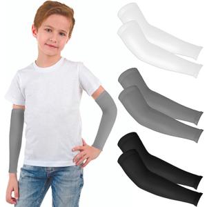 2 Pairs Kids Arm Sleeves, UV Sun Protection Arm Sleeves for Men Women Upf 50 Compression Cooling Sleeves Outdoor Sport Breathable Elastic Ice Sleeve for Youth Boys Girls Sports (Black White Grey)