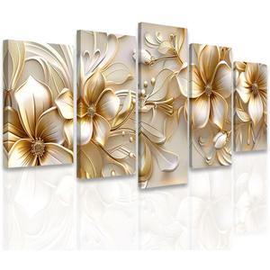 DOARTDO 5 Panel Flower Canvas Wall Art Gold Floral Picture Large Abstract Flower Painting Prints for Living Room Bedroom Decor Framed (8x14inx2 8x18inx2 8x22inx1)