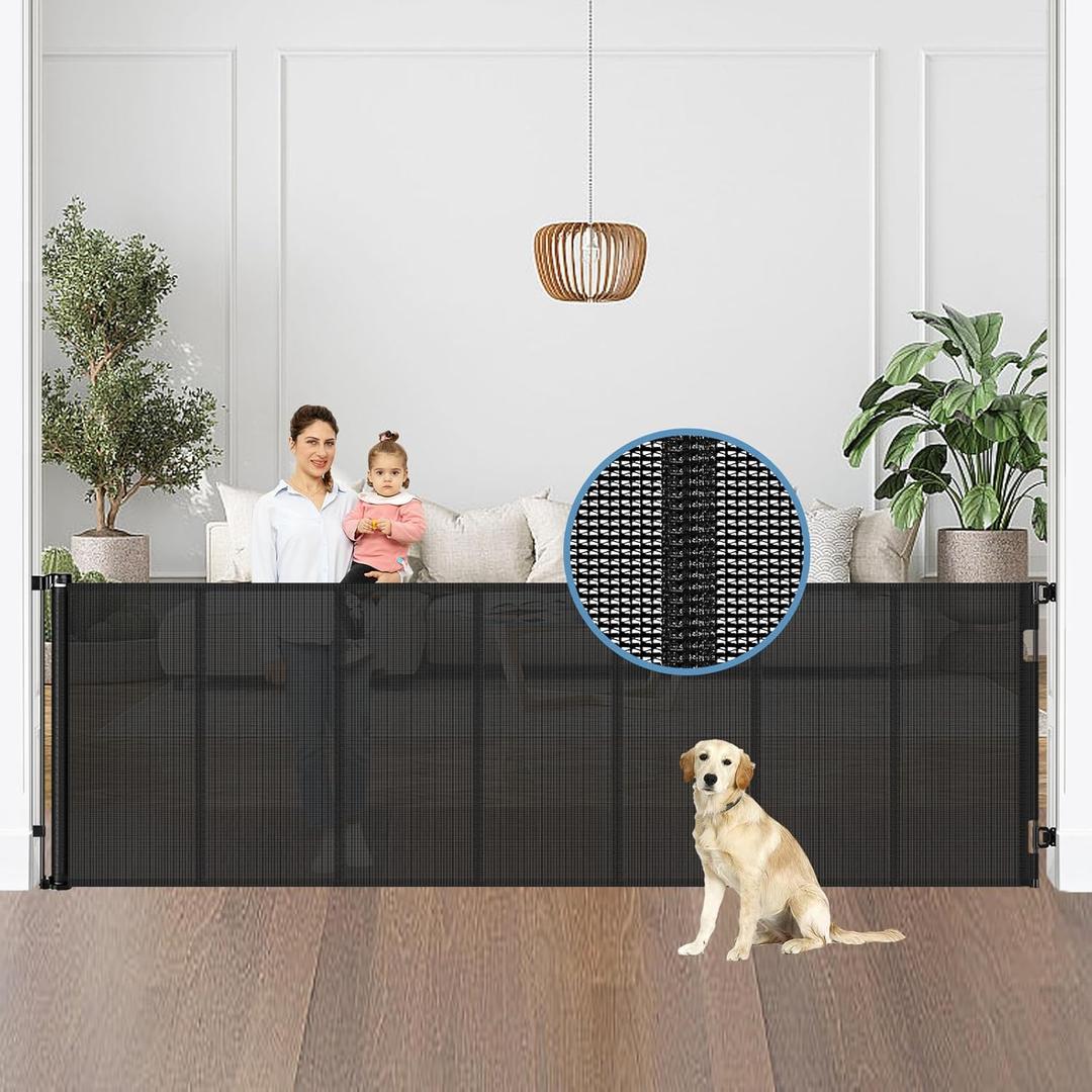 Reinforced 100 Wide Retractable Baby Gate with Support Rods, Upgrade Extra Wide Dog Gate Retractable Pet Gate to Prevent Crawling Through, Indoor/Outdoor Mesh Gate for Large Openings (Black)