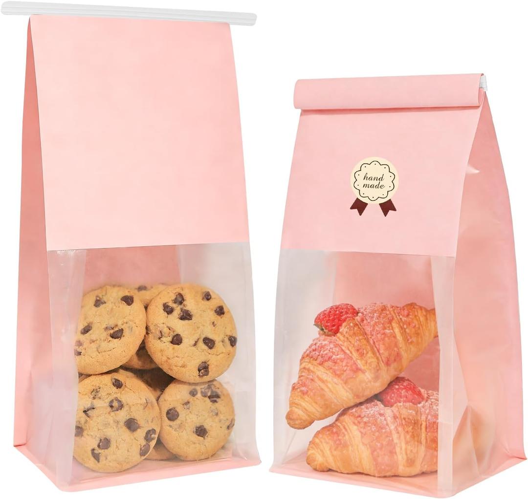 Funcoo 50 Bakery Bags with Window, 5.1x3.9x11 Inches Paper Bread Bags, Tin Tie Tab Lock Cookie Bags Food Storage Bag for Snacks, Popcorn, Candies, 60 pcs Stickers Included