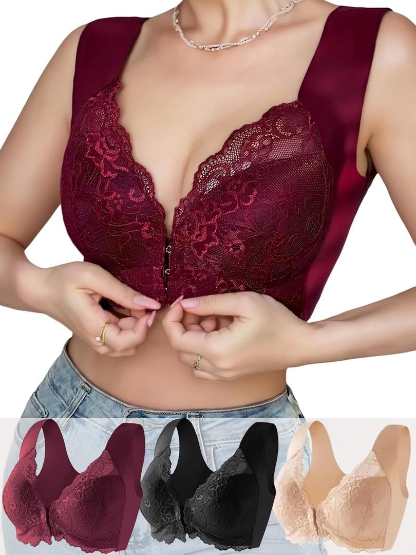 Pack Front Closure Bras for Women Full Coverage Lace Wireless Bralettes, Soft Breathable Support Wirefree Everyday Bras (XX-Large, 3 Pack (Black/Skin/Red))