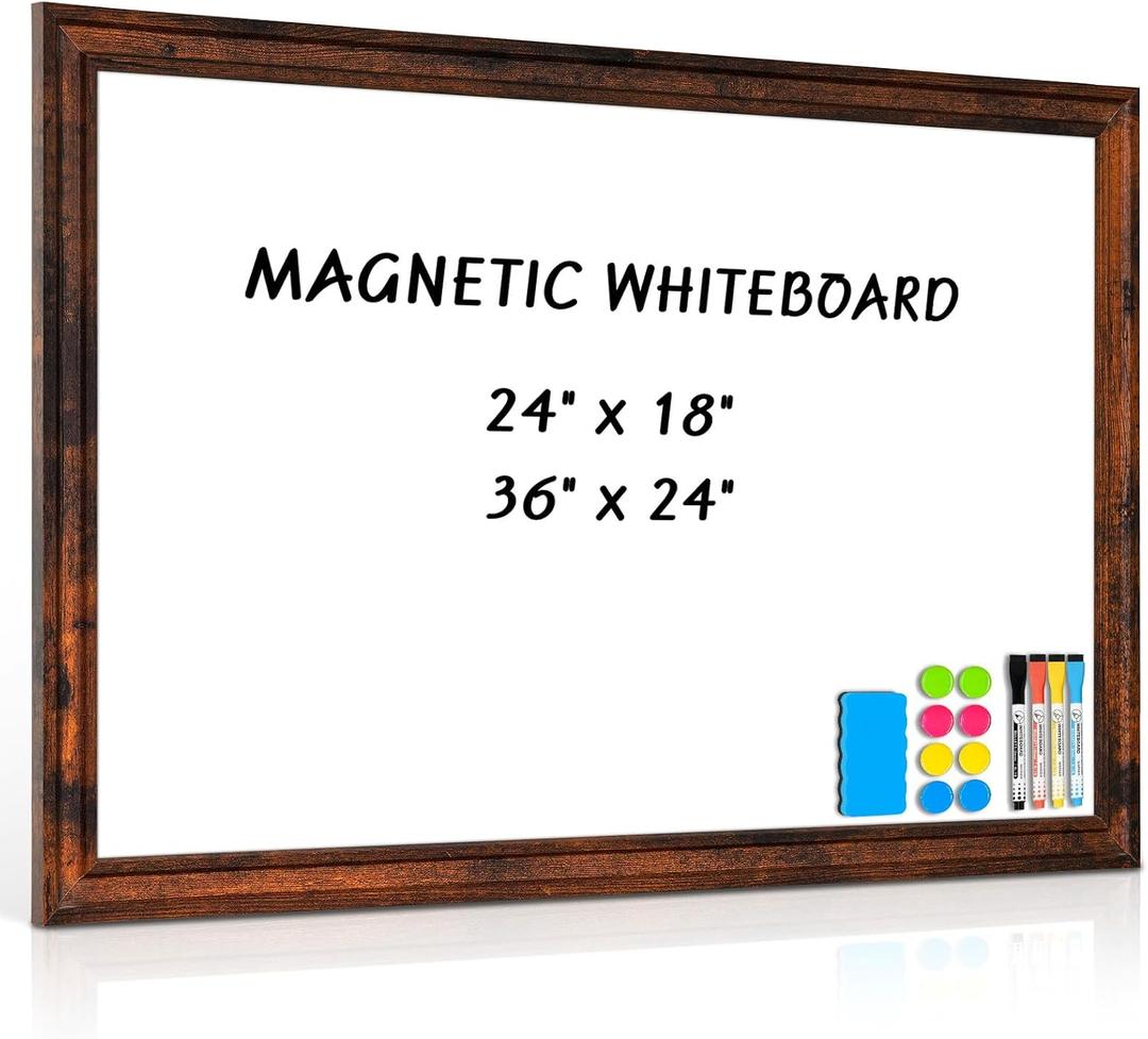 Large White Board for Wall, 36''x24'' Magnetic Dry Erase Board, Decorative Whiteboard with Brown Vintage Wooden Frame, Hanging Writing Board for Home Office School Dorm