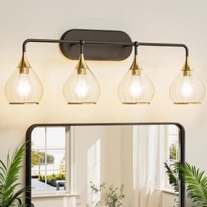 TETOTE 4-Light Modern Bathroom Light Fixtures, 4 Light Vanity Lights Over Mirror Black & Gold Wall Lamp with Clear Glass for Bathroom, Mirror, Living Room, Bedroom, Hallway, Black and Gold 