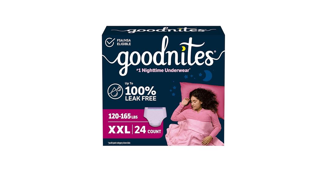 Goodnites Girls' Nighttime Underwear, Size XXL (120165 lbs), 24 Ct (2 Packs of 12),
