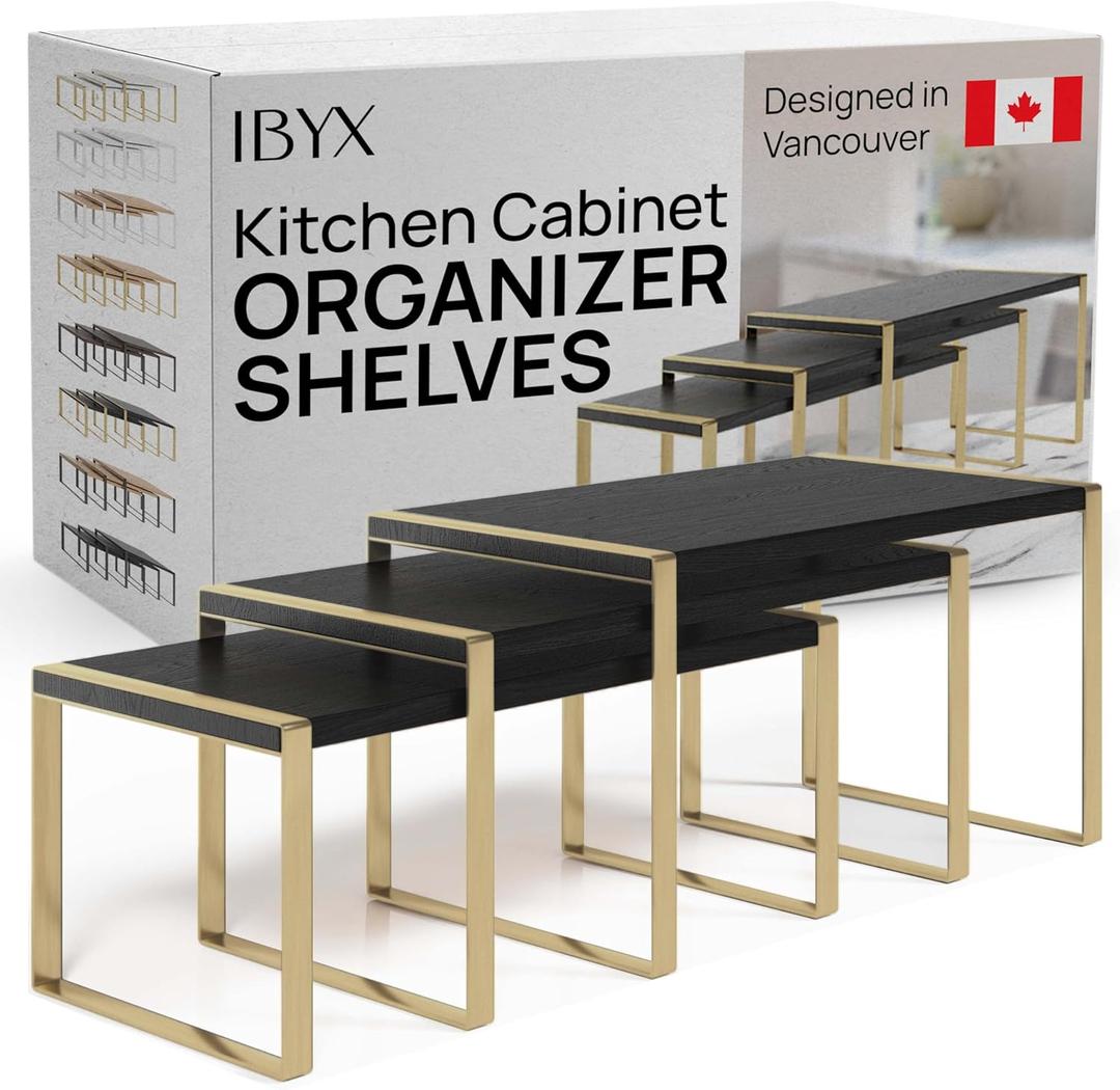 Ibyx Premium Kitchen Cabinet Organizer Shelf - Set of 3 Kitchen Counter Shelves - Stackable Shelf Racks for Cabinets - Metal Frame & Engineered Wood (Black Wood, Gold Frame)