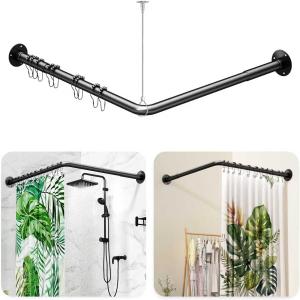 L Shaped Shower Curtain Rod - [23''-53''] x [23''-53''] Adjustable Corner Shower Curtain Rod 90 Degree Black for Bathroom Bathtub, Clothing Store with 12 Ring Hooks & Ceiling Support