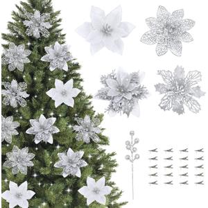 ZIJIN 36 Pcs Poinsettia Flowers Artificial with Clips and Berry Stems Christmas Flowers Glitter Ornaments for Christmas Tree Wreath Fireplace Stairs Decorations (Silver)