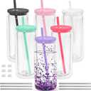 20oz Plastic Snow Globe Tumblers, 6 Pack Acrylic Double Wall Tumbler with Lids and Straws, Acrylic Snowglobe Cups with Pre Drilled Hole for Snow Globe Glitter DIY