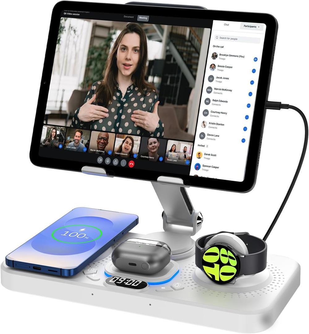 30W Magnetic Wireless Charger for Samsung, 6 in 1 Foldable Android Mag-Safe Charging Station for Tablet with Clock & 7 Color Light, Nightstand Charger for Galaxy S25 Ultra/Watch 8/Buds 3 Pro(Black)