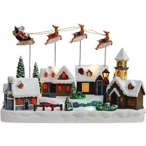 Christmas Village, Colorful Animated Scenes with Santa Reindeer Sleigh Musical Christmas Village Houses Collectible Building for Xmas Indoor Decorations