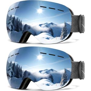 2Pack Ski Goggles for Men Women Snow Goggles Anti fog Snowboard Goggles with 100% UV Protection (B07 Black Frame Argent Lens/Black Frame Argent Lens)