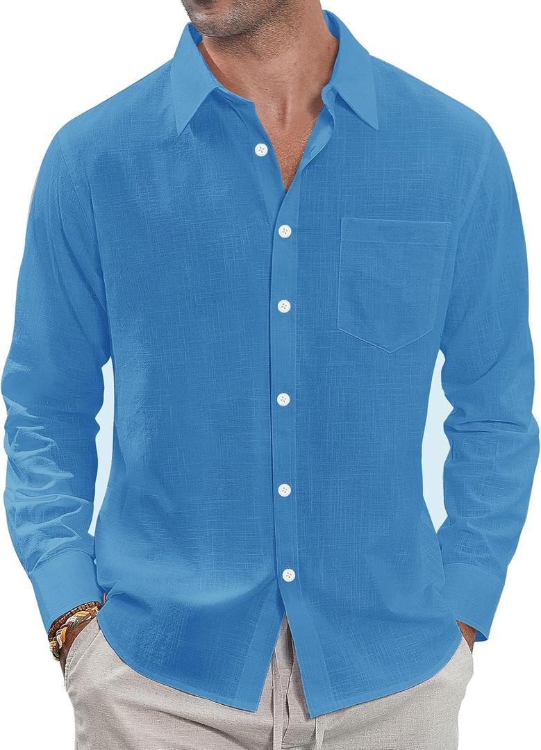 J.VER Men's Linen Shirts Casual Button Down Long Sleeve Shirt Solid Spread Collar Summer Beach Shirts with Pocket (XX-Large, Cobalt Blue)