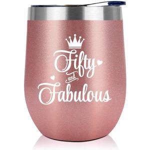 NewEleven 50th Birthday Gifts For Women, Her - 1976 50th Birthday Decorations - Gift For Women Turning 50-50 Year Old Gift For Her, Mom, Wife, Friends - 12 Oz Wine Tumbler (Fifty fabulous rose)