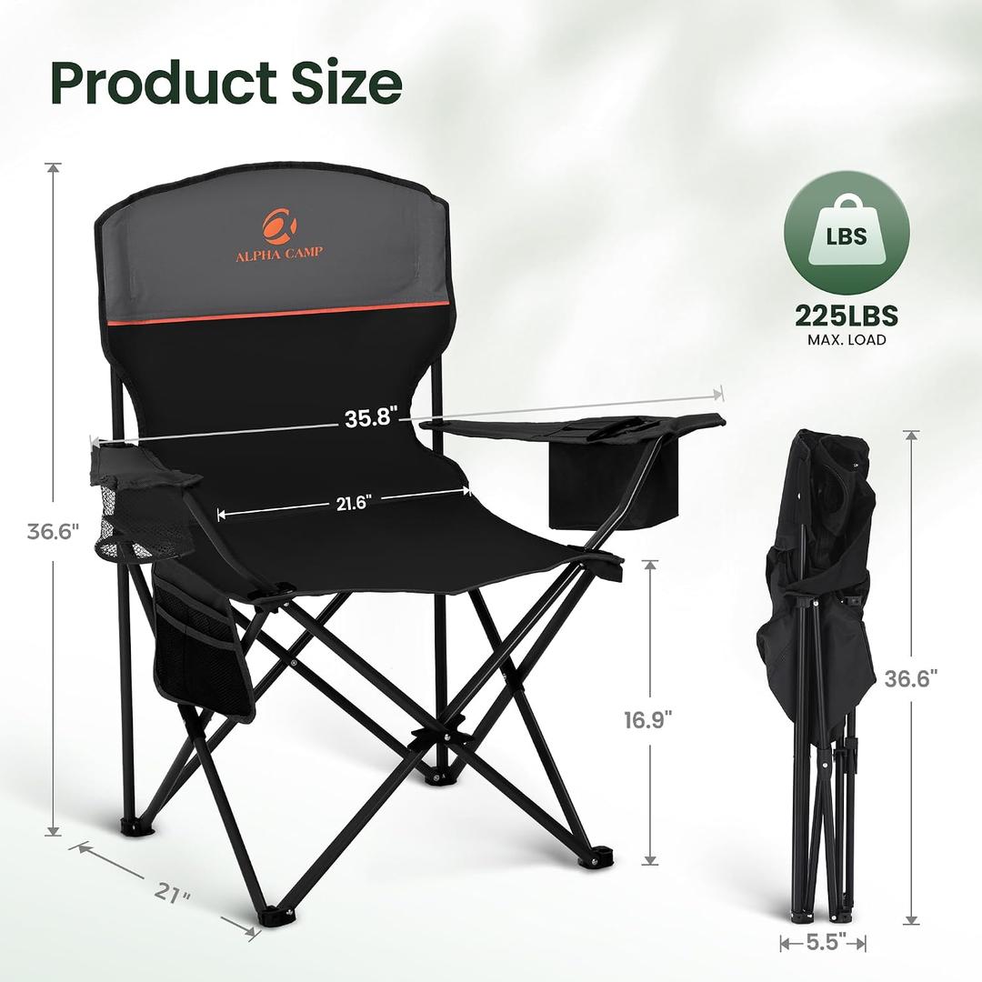 ALPHA CAMP Set of 2 Folding Camping Chairs, Camping Chair for Adults, Black