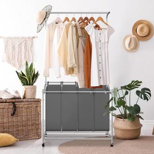 LUCKUP Laundry Sorter 4 Sections with Hanging Bar, 4 Bags Laundry Hamper Rolling Laundry Basket Cart with Lockable Wheels for Laundry Room Bathroom Bedroom, 
Grey