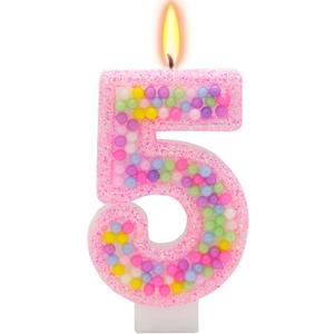 Pink Birthday Candles Number 5 Candle - Fun Candy Bead Cake Topper, 5th Birthday Party Supplies for Girls, Five Year Old Decorations