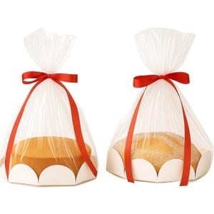 Sunnychicc 20 Pcs Christmas Clear Plastic Bake Bags with Red Ribbon 8 Inch Clear Cellophane Bags for Toast Bread Cookies Candy Chocolate Cake Christmas Gift Packaging Cake Tray and Gold Ribbon