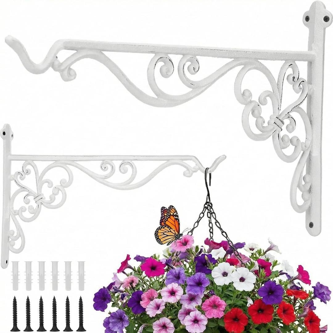 Landhoow 2 Pcs 15.6" Large Cast Iron Hanging Outdoor Wall Hanger White Heavy Duty Basket Hook Braces Vintage Decorative Shelf Garden Planter Flower Hook for Pot Lantern Wind Chime Hummingbird Feeder
