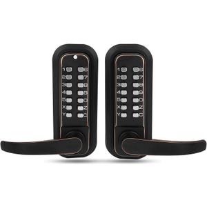 New Upgrade Double Sided Keypad Door Lock with Adjustable Deadlatch 2-3/8'' and 2-3/4'', Keyless Door Lock with Handle, Gate Lock for Outdoor Fences (Black Gold)