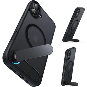 for iPhone 16 6.1-Inch with Magnetic Rotable Slim Kickstand Compatible with MagSafe Frosted Matte Shockproof Protective Phone Cover 6.1" 2024, Black