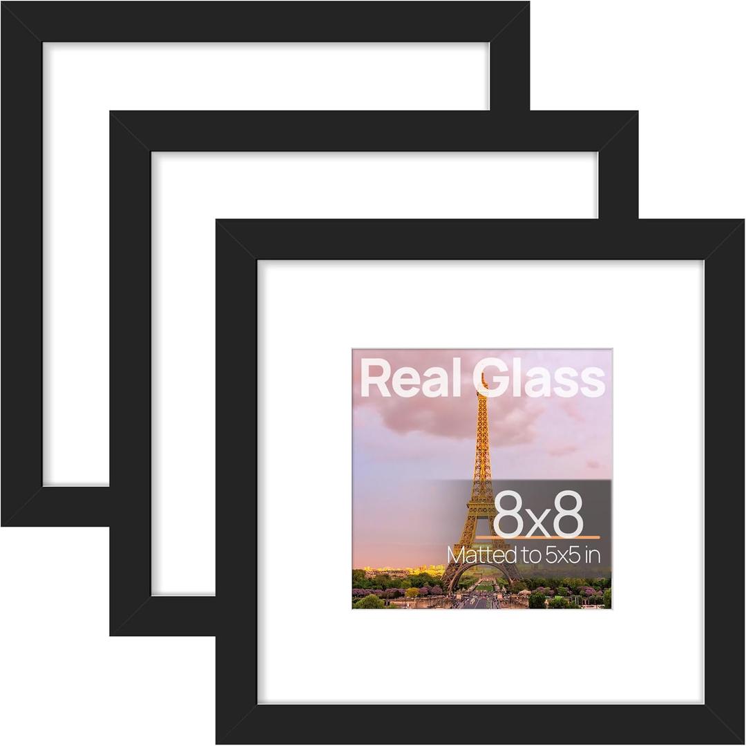 upsimples 8x8 Picture Frame Made of High Definition Glass, Display Pictures 5x5 with Mat or 8x8 Without Mat, Gallery Wall Frame Set, Black